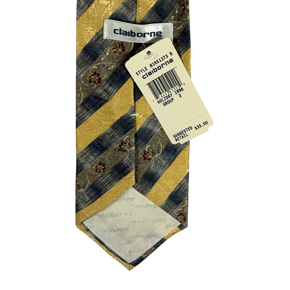New Claiborne Silk Tie Gold Navy Floral Stripe Holiday 1996 USA NWT - Picture 5 of 6